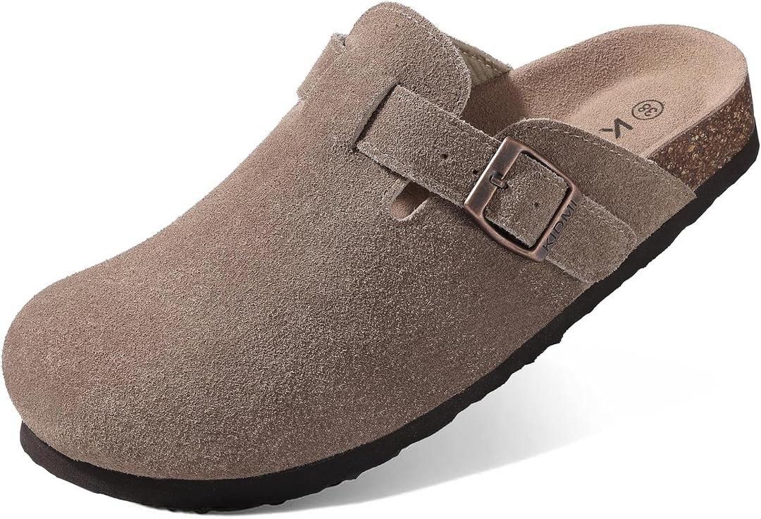 KIDMI Genuine Suede Clogs for Women Cork Footbed Sandals Leather Mules Potato Shoes with Arch Support (40, Mocha)