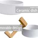 Ceramic Dog Cat Bowl with Wood Stand,Cat Food & Water Bowls Elevated Non-Spill Modern Cute Kitty Dishes Heavy Weighted Round Pet Dishes Set for Kitten Small Cat(White)