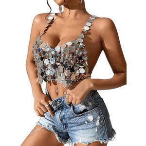 Women Sparkly Sequins Silver Chest Chain Bra Metallic Halter Backless Cami Crop Top Bikini Hollow Out Sexy Body Accessory for Women Rave Clubwear