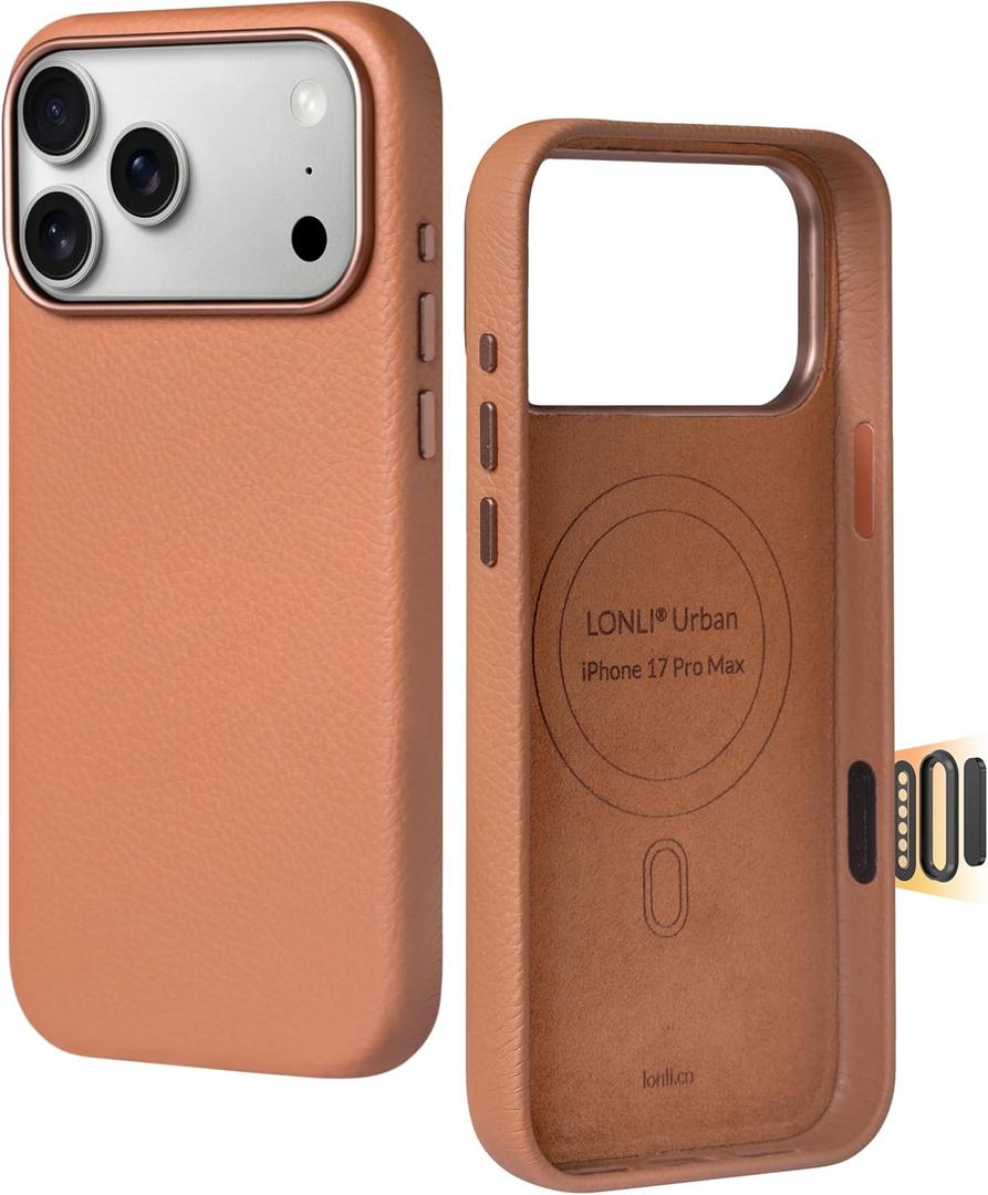 LONLI Urban | Pebbled Leather - European Genuine Pebbled Leather Case for iPhone 17 Pro - [Built-in Camera Control and Compatible with Magsafe] - Saddle