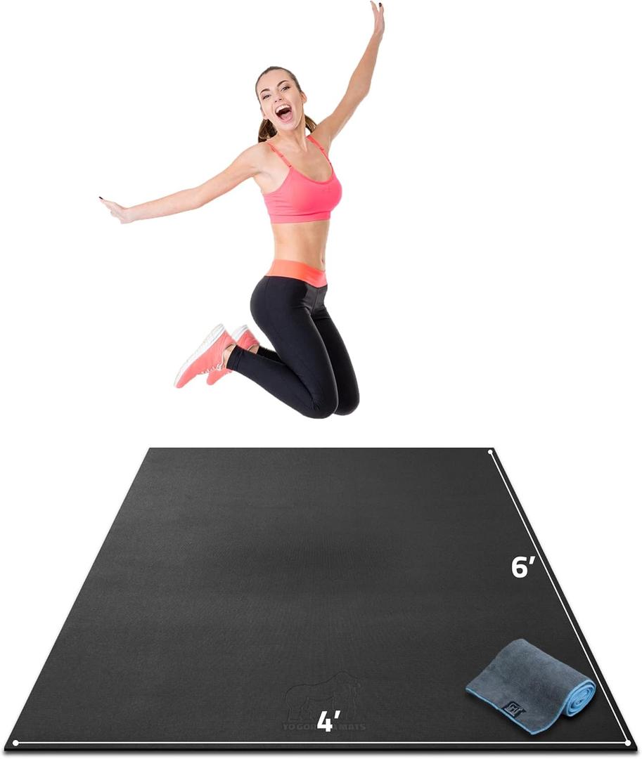Gorilla Mats Premium Large Exercise Mat  6' x 4' x 1/4" Ultra Durable, Non-Slip, Workout Mat for Instant Home Gym Flooring  Works Great on Any Floor Type or Carpet  Use With or Without Shoes (Gorilla Black Mat with Gray / Blue Towel, 2 Storage Straps and Carry Bag)