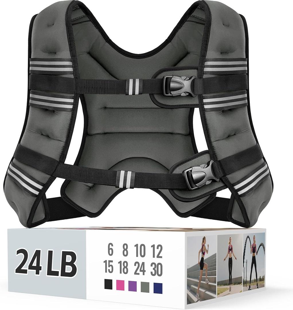 Zeerun Weighted Vest for Women & Men with Reflective Stripe and Adjustable Buckle, Comfortable & Durable Rucking Vest for Walking, Running & Strength Training, 24LBS-Gray