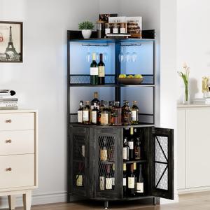Modern Corner Bar Cabinet with Power Outlet, 5-Tiers Wine Cabinet with LED Light and Glass Holder,64'' Tall Home Liquor Cabinet for Living Room, Corner Display Shelf for Home (Black)