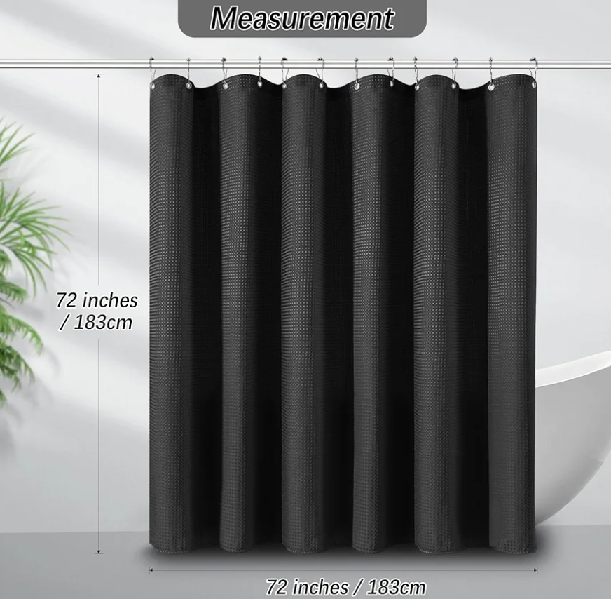 Black Shower Curtain 256GSM Heavy Duty Waffle Woven Bathroom Shower Curtains, Weighted Fabric for Hotel Spa Luxury Polyester Bath Curtain with 12 Hooks, 72Wx72H