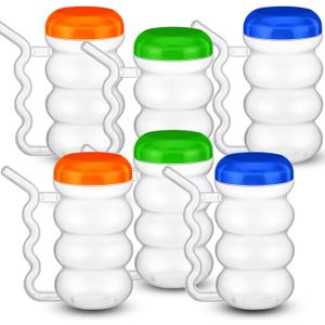 FoldTier 6 Pcs Sip a Mug 14 oz Easy to Grip Plastic Kid's Cup Where the Handle Is the Straw Clear Sippy Cups Spill Proof Mug for Everyday Use for Kids Elderly Disabled and Handicapped, 3 Colors Lid