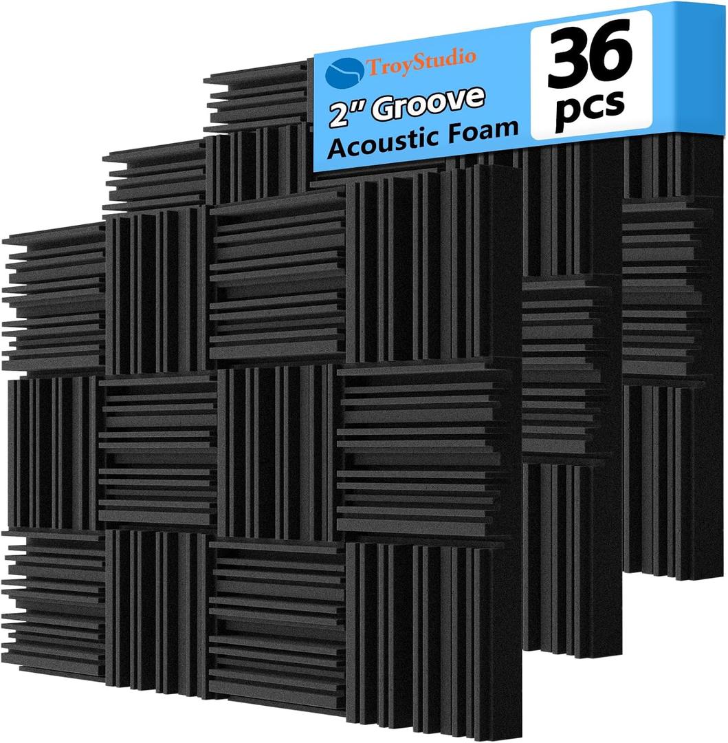 TroyStudio Thick Acoustic Foam Panels, 12 X 12 X 2 Inch 36 Pcs Broadband Sound Absorbing Foam, Dense Soundproof Padding Tile, Recording Studio Foam Absorber, Groove Decorative 3D Wall Ceiling Panel, 2'' Thickness, 36 Pcs