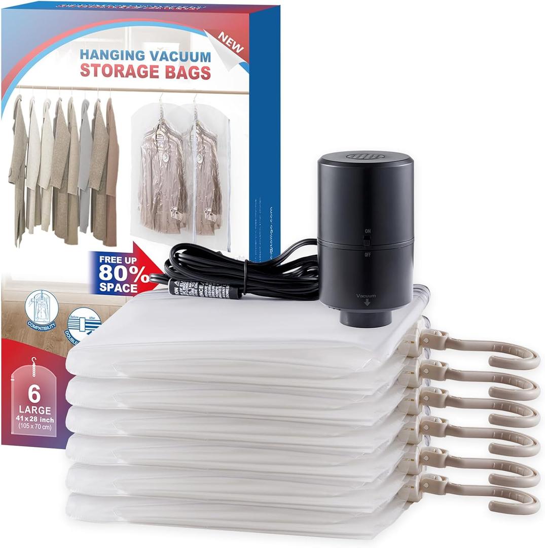 Hanging Vacuum Storage Bags, 6 Pack Hanging Storage Bags for Clothes With Electric Pump, Vacuum Sealed for Suits, Dress, Jackets (6 Short)