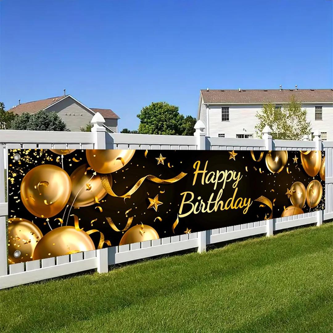 Happy Birthday Backdrop Banner Birthday Party Decoration Supplies 118x20 Inches Golden Balloons Stars Confetti for Birthday Party Celebration Event Outdoor Yard Wall Decor