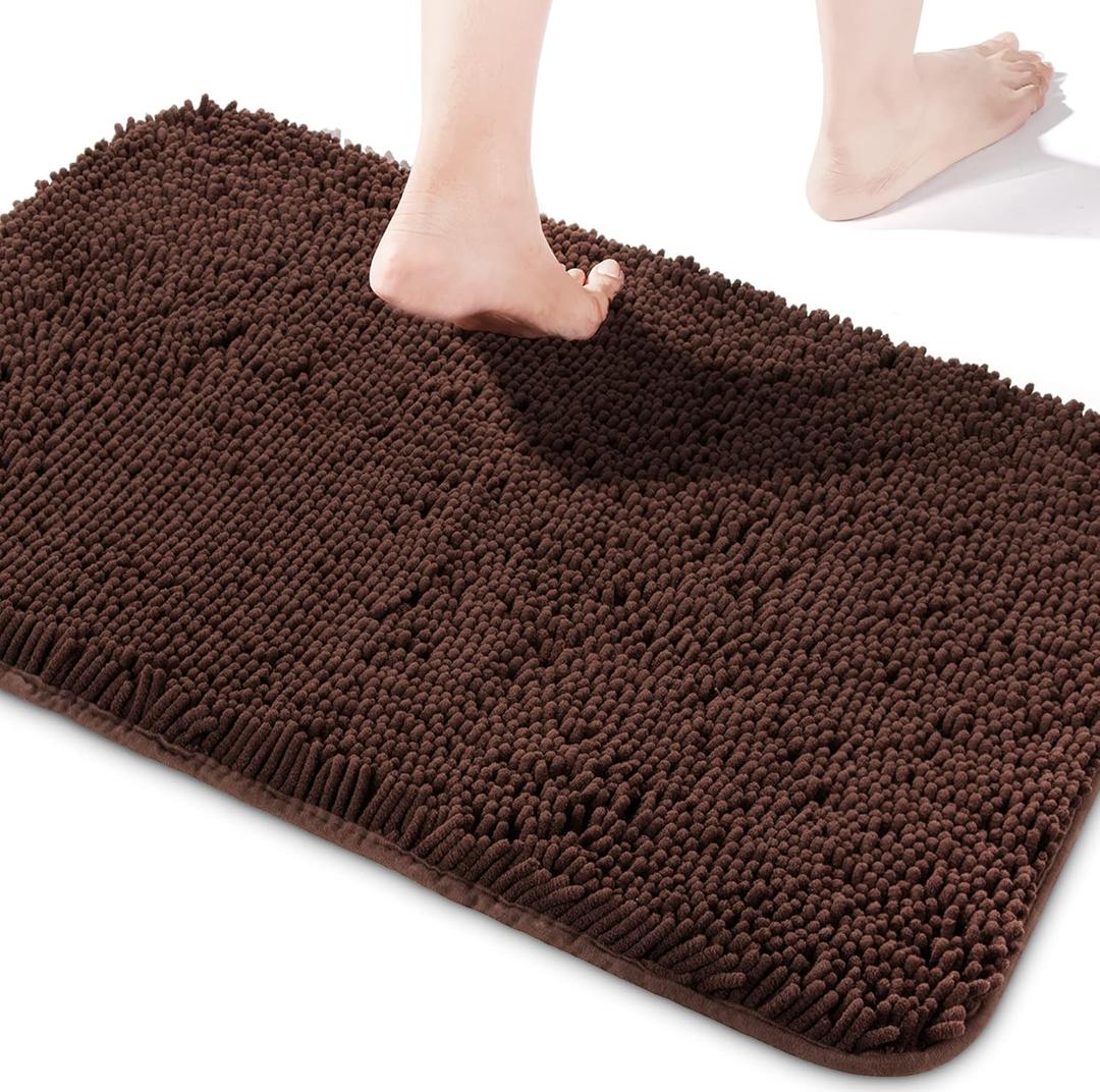 Yeaban Brown Bathroom Rugs  Thick Chenille Bath Mats | Absorbent and Washable Bath Rug Non-Slip, Plush and Soft Rugs for Bathroom, Shower, Sink - 17" x 24"