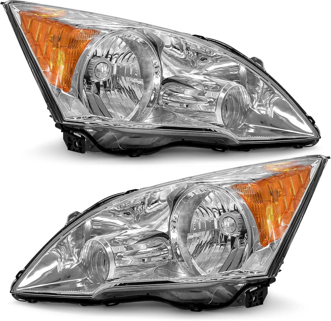 Headlight Assembly for Honda CR-V 2007 2008 2009 2010 2011 Headlamp With Chrome Housing Amber Reflector (Driver & Passenger Side)