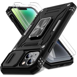 DEERLAMN Case for iPhone 13/iPhone 14 6.1-Inch with Slide Camera Cover+Screen Protector(2 Packs),Rotated Ring Kickstand Military Grade Shockproof Protective Cover-Black