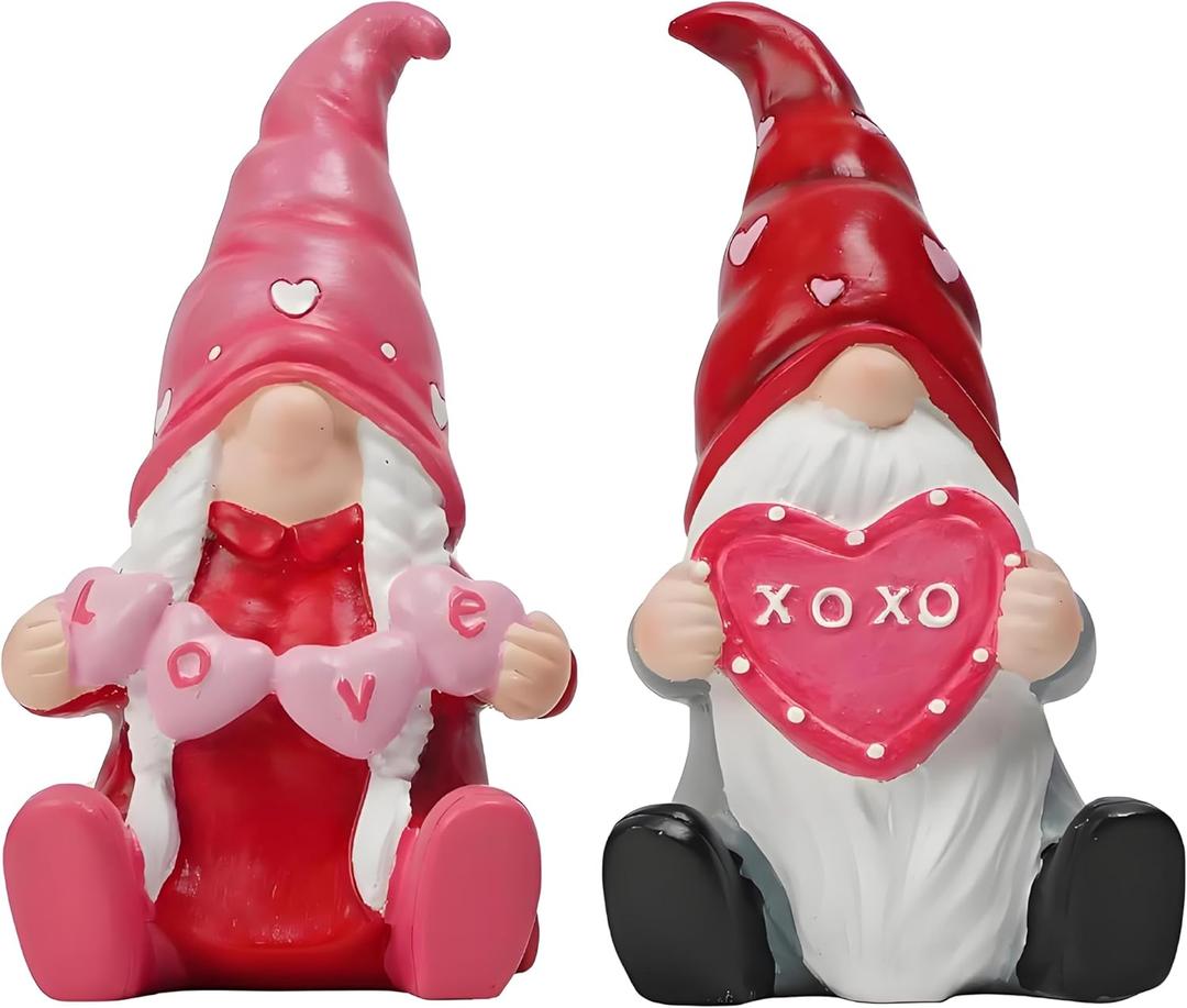 Valentine Gnome Statue, 2 PCS Vintage Valentines Day Gnome Resin Sculpture for Home Coffee Bar Decor, Mini Lover Gnomes Gifts for Christmas Holiday Xmas Party