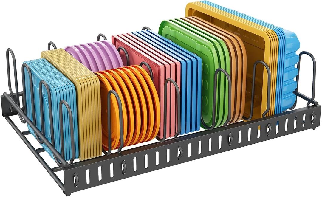 X-cosrack Metal Food Container Lid Organizer&Adjustable 6 Dividers Storage Container Lid Holder Rack for Cabinets, Cupboards, Pantry Shelves, Drawers to Keep Kitchen Tidy,Black(Patent Pending)
