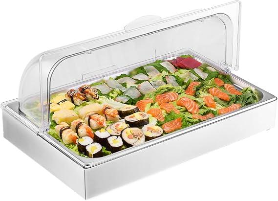 VEVOR Countertop Food Serving Display Container, 1 x 1 Pan Stainless Steel Food Serving Tray, Buffet Condiment Dispenser Display Rack with Clear Lid & 3 Ice Trays, for Restaurant Hotel Kitchen Party