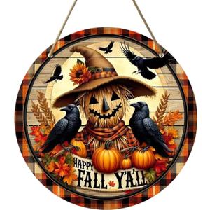 Autumn Wreath,12 Inch Crow and Scarecrow Fall Wreaths for Front Door,Wood Hanging Sign Halloween Door Decorations Autumn Hanging Wall Decor for Farmhouse Home Indoor Outdoor Party Supplies (Styl 7)
