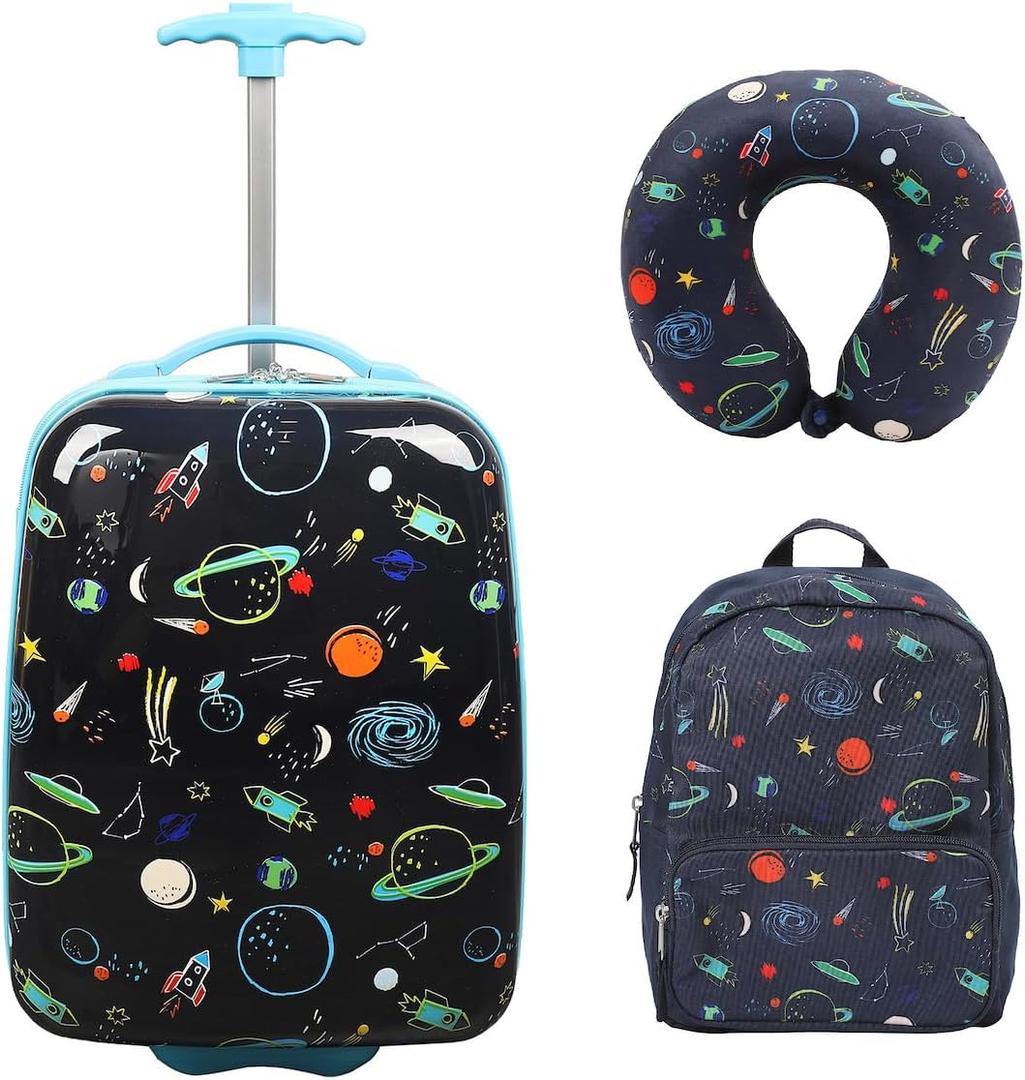 Space Printed 2-Wheel Lightweight Carry-on Luggage Suitcase with Backpack and Neck Pillow (3-Pc Set) For Boys