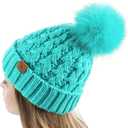 2 x PAGE ONE Womens Winter Ribbed Beanie Crossed Cap Chunky Cable Knit Pompom Soft Warm Hat (Green)