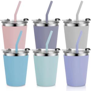 MultiOutools 6 Pack Kids Cups with Straws and Lids, 12oz Unbreakable Stainless Steel Cups with Lids and Straws for Kids, Toddler Cups Spill Proof for Cold Drinks & Hot Drinks, Multicolor (Pink, Dark Gray, Gray, Blue, Green, Purple)