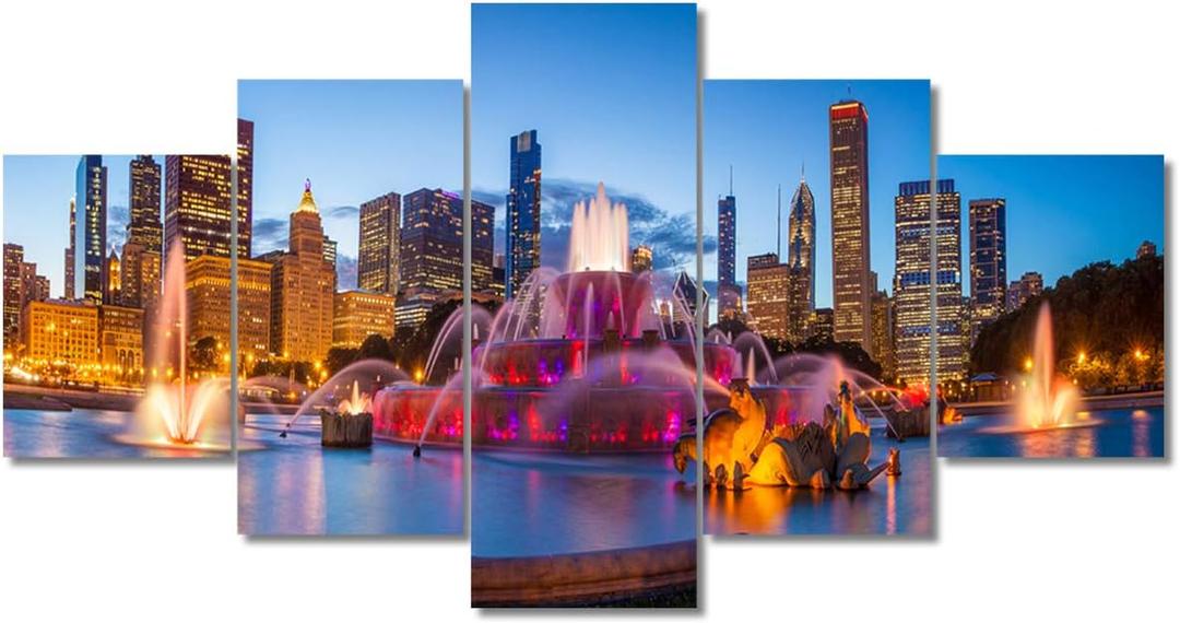 Native American Wall Decor Chicago Skyline Paintings America Cityscape Artwork Chicago Buckingham Fountain Canvas Wall Art Framed Modern Artwork Home Decorations (60" Wx32 H)