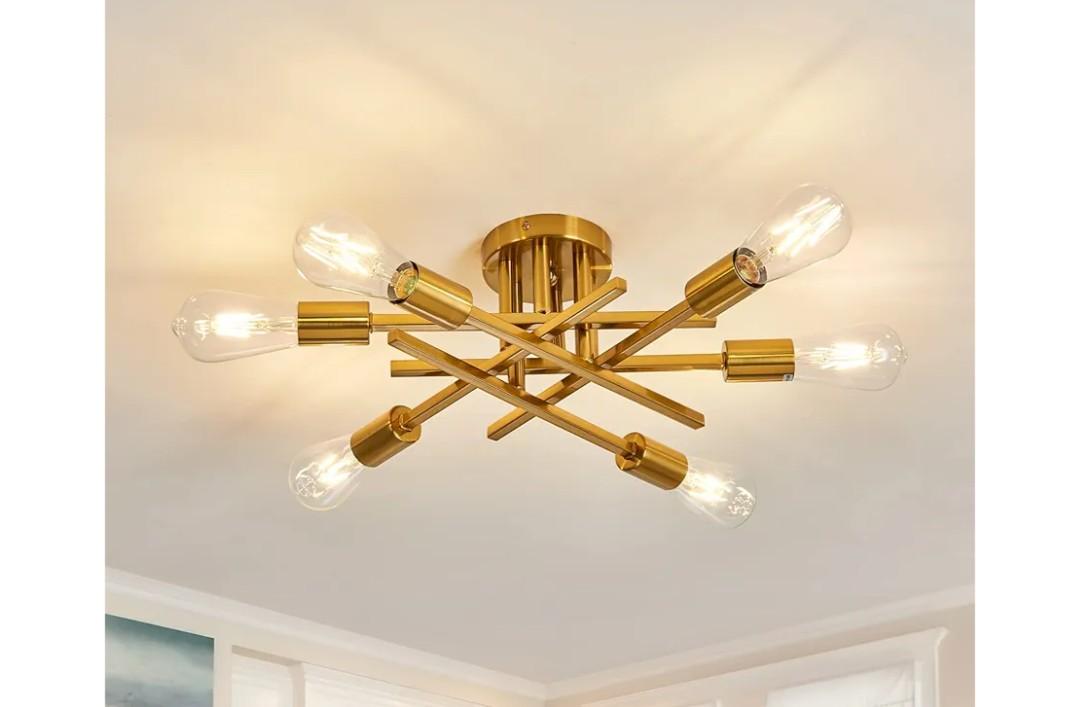 ASGYISA 6Lights Semi Flush Mount Ceiling Light Fixture Gold Modern Matte Sputnik Chandelier Vintage Ceiling Lamp Farmhouse for Kitchen Bedroom Dining Room Living Room with E26 Bulb Base