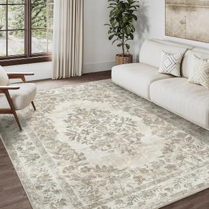 PureCozy 6x9 Area Rug Beige Washable Vintage Distressed Living Room Carpet Large Bedroom Indoor Medallion Floral Non Slip Retro Throw Floor Mat for Office Dining Room Kitchen Bathroom