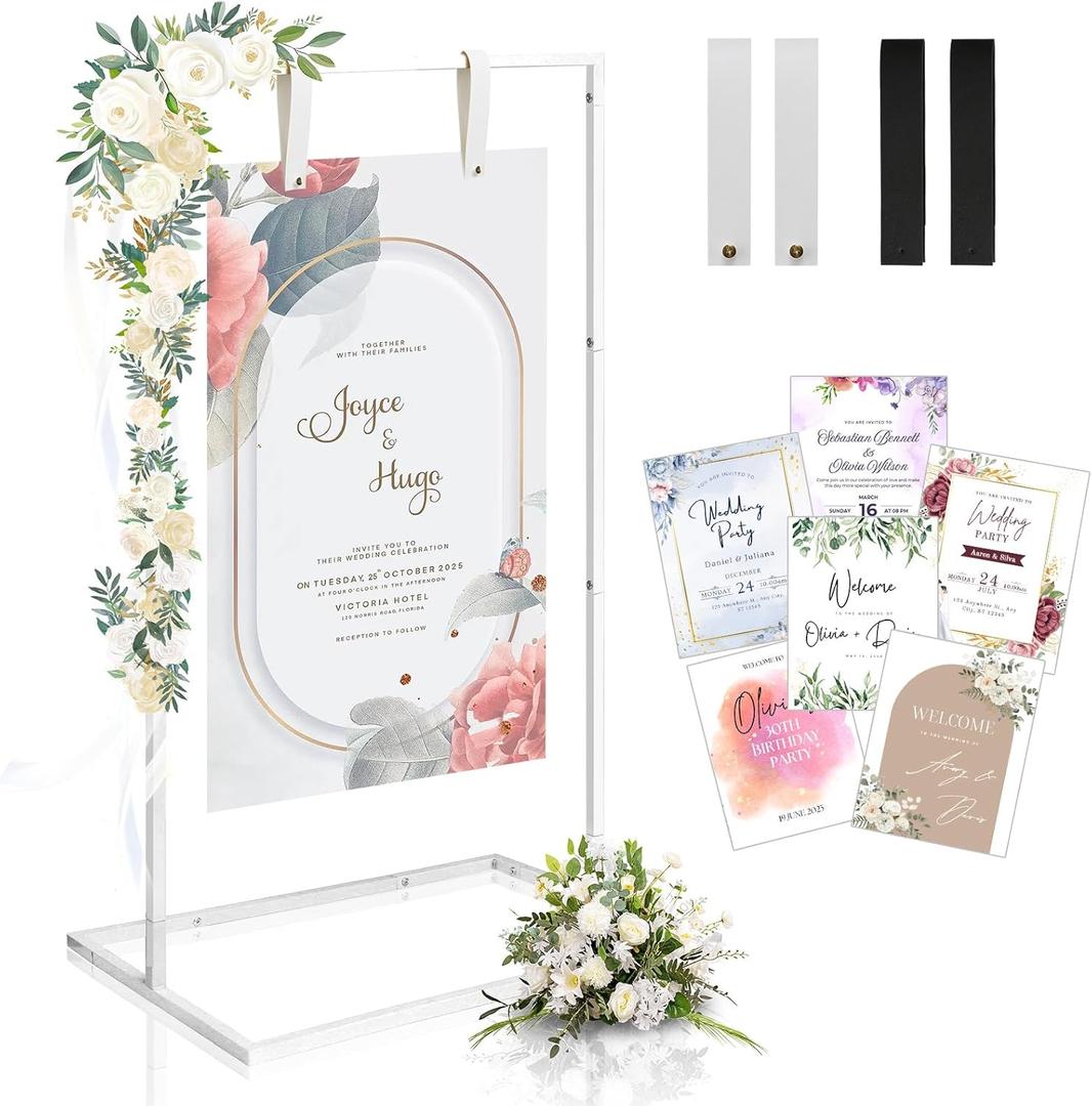Wedding Welcome Sign Stand, Welcome to our Wedding Sign Holder, Elegan White Easel Stand for Sign Poster With 39 Premium Templates & Leather Sign Hanging Straps,Easel Sign Stand for Wedding Decor