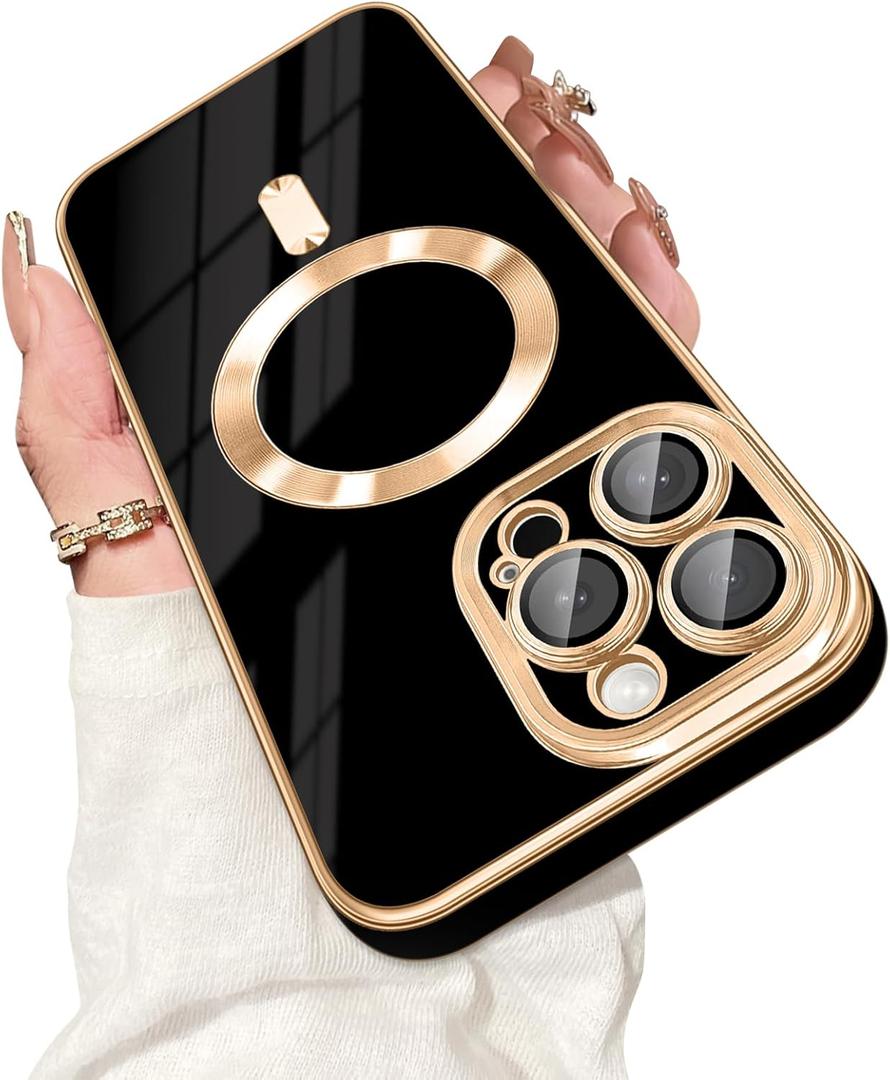 Dinick Designed for iPhone 14 Pro Max Case with Magnetic [Built-in Camera Cover] Compatible with MagSafe Soft TPU Glitter Cover Anti-Scratch Protective Slim for iPhone 14 Pro Max Case Black and Gold