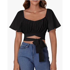 Rooscier Women's Ruched Wrap Ruffle Flare Short Sleeve Square Neck Self Tie Crop Top Blouse, Smal