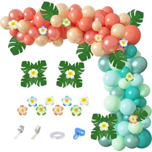Ouddy Party Tropical Balloon Garland Arch Kit, 12"10"5" Rose Gold Blush Blue Balloons Artificial Palm Leaves Plumeria for Magic Theme Birthday Party Supplies Baby Shower Hawaii Luau Party Decorations