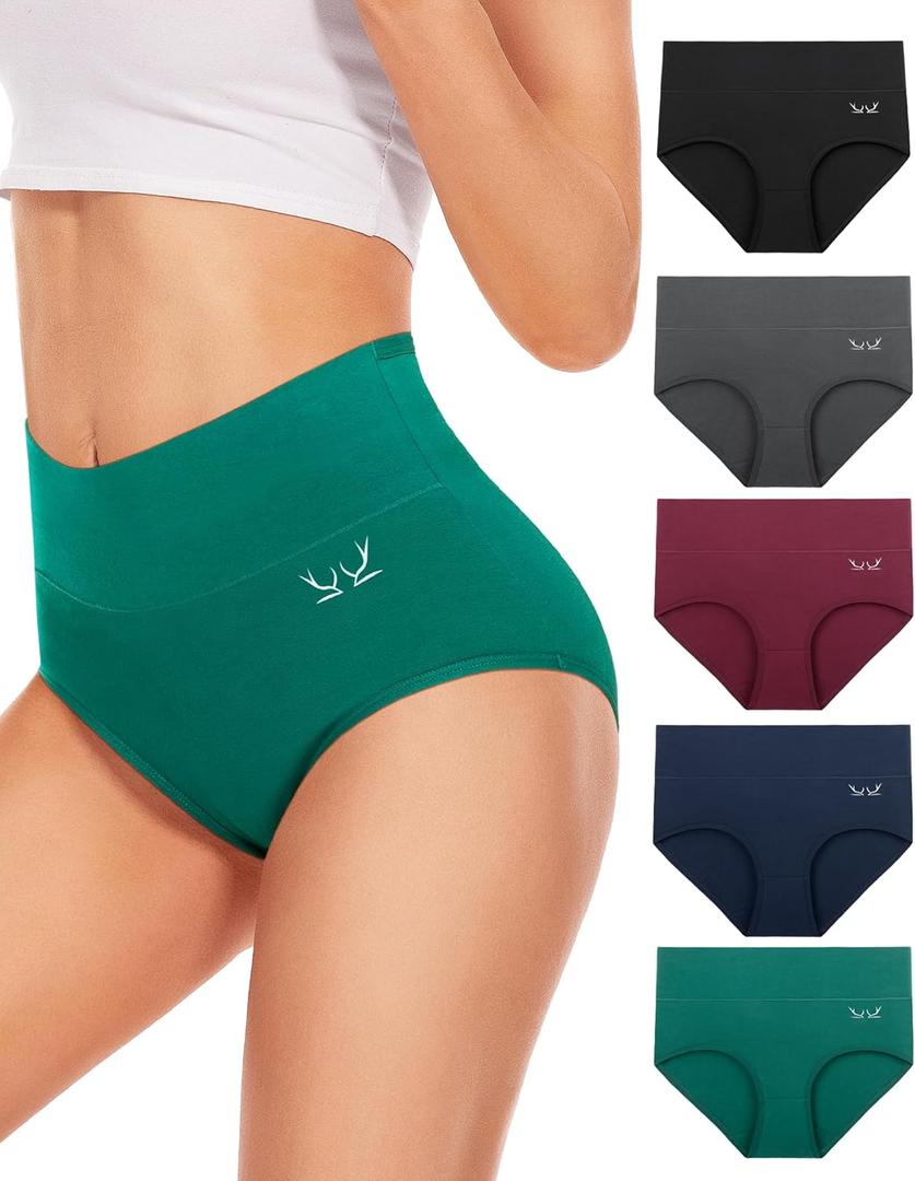 Women's Underwear High Waisted Ladies Cotton Panties Breathable Stretch Full Coverage Postpartum Brief 5Pack (Medium, (5 Pack) Black/Red/Gray/Green/Blue)