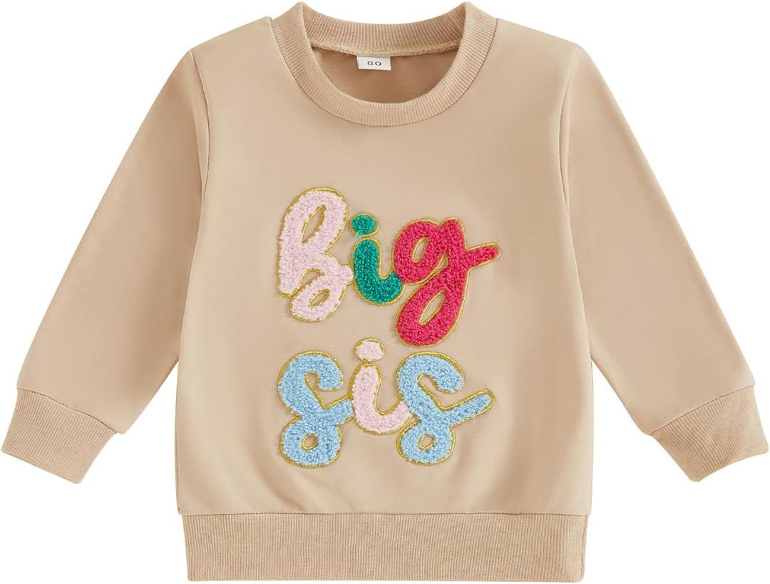 Toddler Girl Fall Clothes Big Sister Embroidery Sweatshirt Top Crewneck Pullovers Sweater Shirt Kids Winter Clothing (Beige)