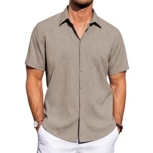 J.VER Men's Linen Shirts Casual Short Sleeve Button Down Shirt Beach Vacation Cruise Summer Wedding Cotton Tops (Beige, M)