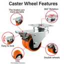 Caster Wheels, 2inch Casters Set of 4 Heavy Duty, Two-Wheeled Orange TPE Casters with Brake, Double-Wheeled Swivel Plate Locking Castor Wheels Widely Used in All Kinds of Furniture.(4 Pack)