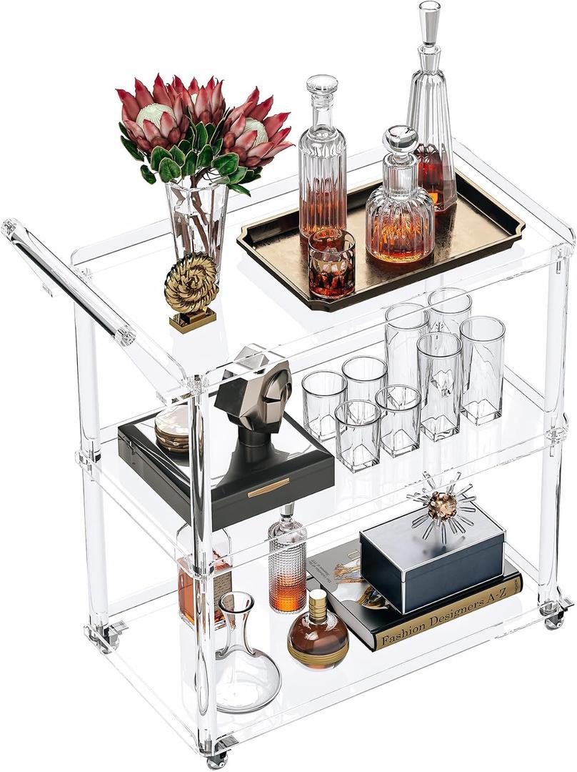 Dethan Acrylic Bar Cart with Lockable Wheels, Rolling Serving Cart with Pulling Handle, 3-Tier Clear for Home Bar, Kitchen, Living Room, Portable Beverage Space-Saving Modern Acrylic Trolley, 30.51 x 15.16 x 32 inches