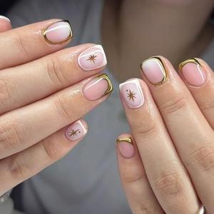 Short Nails Press on Square French Tip Fake Nails Gold Curve Line Petite False Nails with Stars Designs Cute Acrylic Nails Full Cover Glossy Glue on Nails for Women Girls 24Pcs