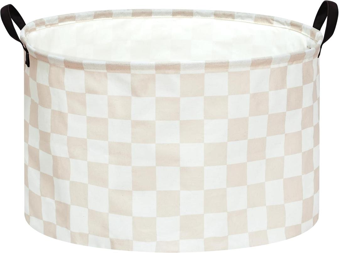 Checkered Storage Basket Extra Large 80L Kids Hamper Baby Laundry Basket Waterproof Toys Car Organizer Collapsible Canvas for Home/Dorm/Pet/Office/Closet/Shelf/Gift Baskets (Cream)