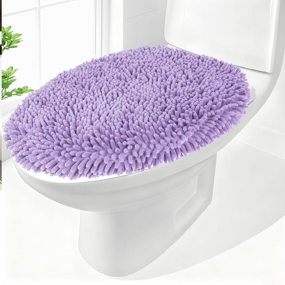 Chenille Elongated Toilet Seat Cover 19.5"x 15" Machine Washable Solid Toilet Lid Cover Adjustable Rubber Backing Fits Only 18-19.5"L x 14-16"W Elongated Toilet Seat