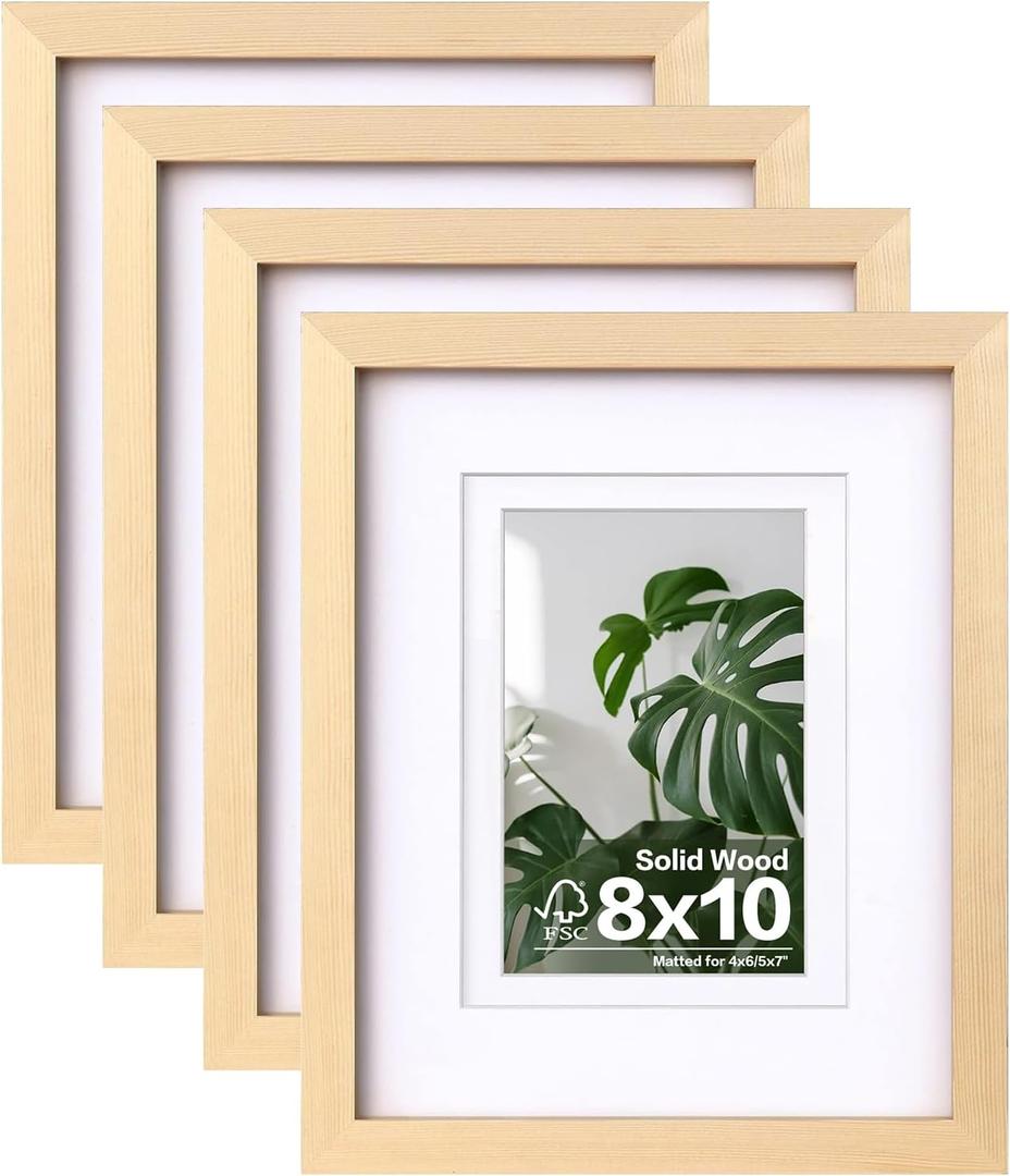 Egofine 8x10 Picture Frames Natural Wood Frames with Plexiglass, Display Pictures 4x6/5x7 with Mat or 8x10 Without Mat Set of 4 for Tabletop and Wall Mounting