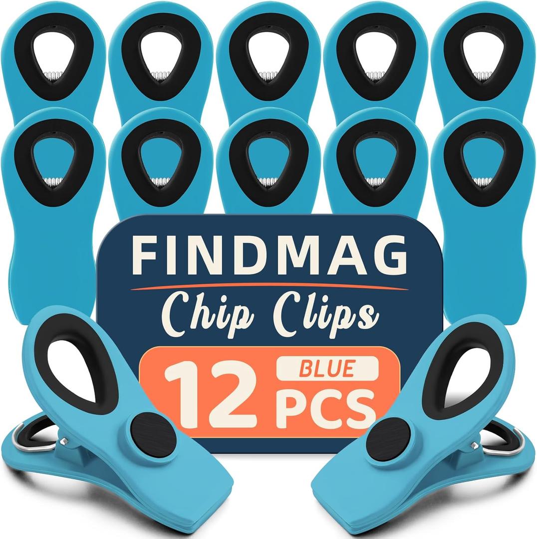 FINDMAG 12 Pack Chip Clips, Big Food Clips Blue Magnetic Clip, RV Accessories, Magnetic Bag Clip with Airtight Seal for Chips, Bread, Snacks, Fridge Organize, Kitchen Storage, Note