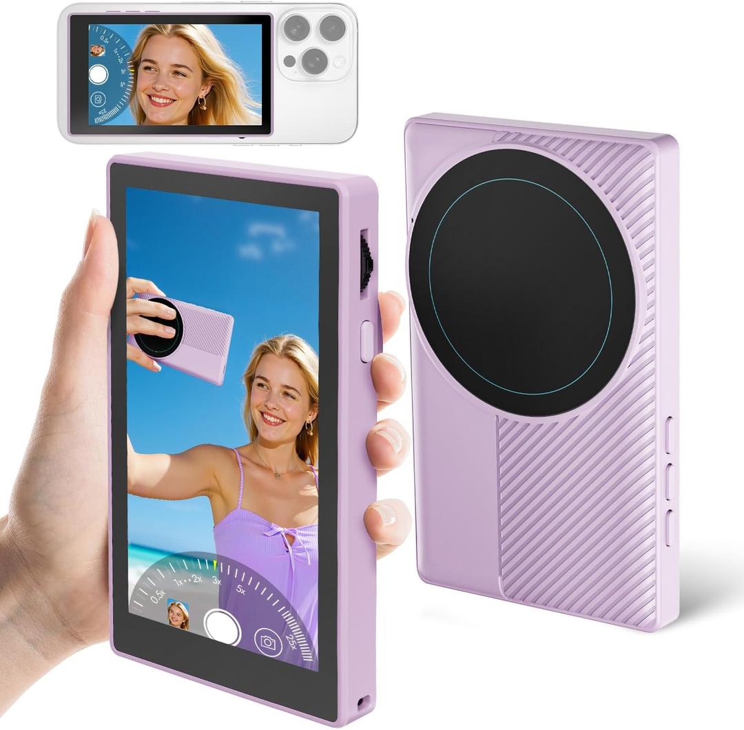 Vlog Selfie Monitor Screen, Back Camera Selfie Monitor, Audio Sync, Remote Zoom Shooting, Shooting Mode Switch, Magnetic Selfie Screen for Content Creator Essentials, Compatible with Iphone and Android (Purple)