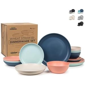 Grow Forward 16-piece Premium Wheat Straw Dinnerware Sets for 4 - Unbreakable Dishwasher & Microwave Safe Plastic Plates and Bowls Sets - Patio, Outdoors, RV, Camping Dishes - Tropical