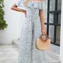 Gardenwed Women's Floral Wide Leg Jumpsuit, Ruffle Short Sleeve Square Neck Summer Casual Palazzo Romper with Pockets (L)