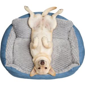 Big Dog Bed for Large Sized Dogs with Soft Plush Cushion, 35"x28"x13.7" Machine Washable High Backrest Bed, Round Pet Sofa with Non-Slip Bottom,Year-Round Comfort for Dogs Up to 66 lbs (Gray And Blue)