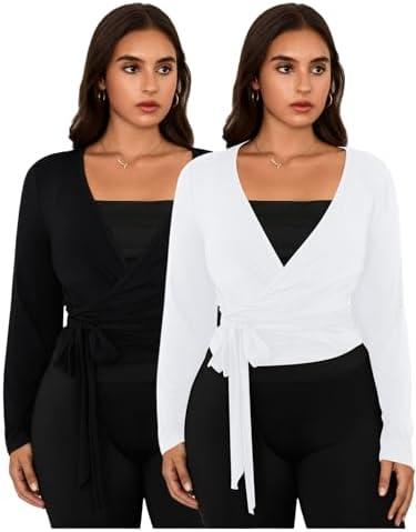 SweatyRocks Women's Y2k Pilates Wrap Tops Ballet Yoga Coquette Shirt Cute Long Sleeve Workout Activewear Large Plus, Black & White