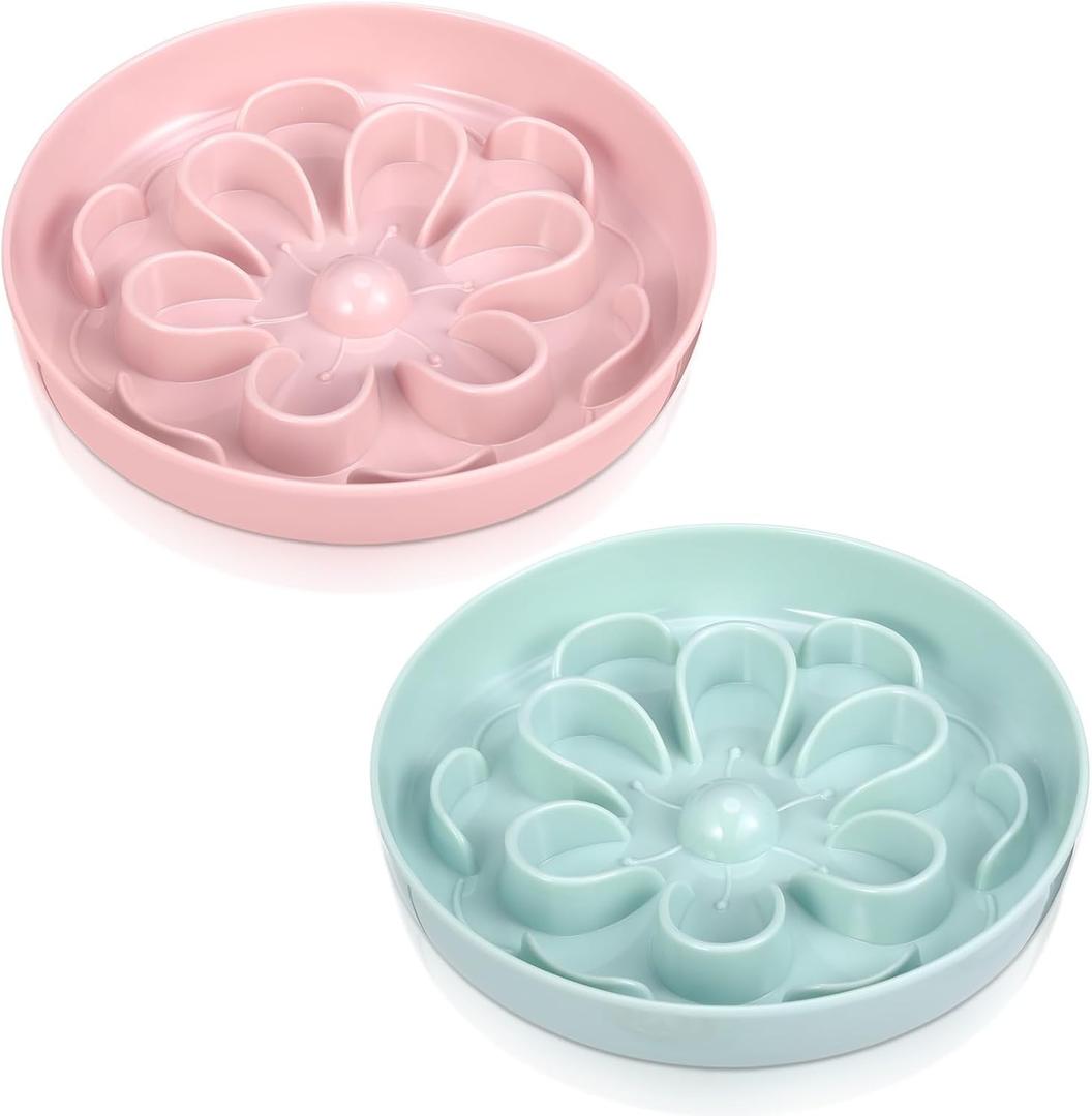 Funnymoom 2 Pcs Cat Slow Feeder Bowl Cute Cat Food Bowl with Bloom Design Healthy Eating Diet Interactive Feeder Wet Dish for Pets Small Dogs(Pink, Green)