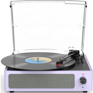 Turntable Vinyl Record Players New Sleek Turn Tables with Speakers Belt-Driven All-in-one LP Phonograph 3-Speed Bluetooth Wireless Playback Headphone AUX RCA Auto Stop Pale Light Purple