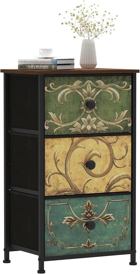 Tohomeor Small Dresser for Bedroom with Retro Flower Narrow Drawers Slim Chest of Drawers Skinny Nightstand Sofa End Table for Living Room Entryway Closet Storage (Multi, 3 Drawers) (11.8"D x 15.8"W x 29.1"H (3 Drawers))