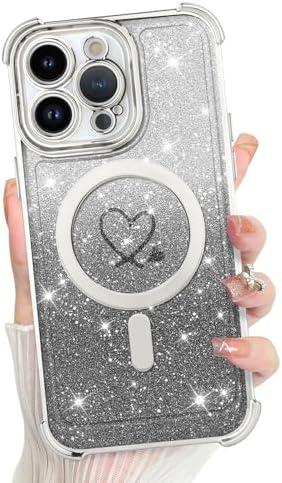 KANGHAR for iPhone 13 Pro Max Case, Support for MagSafe [Four Corner Cushion Series] Love Heart Pattern Electroplate Edge Shockproof Durable Full Body Protection for Girls Women -Silver