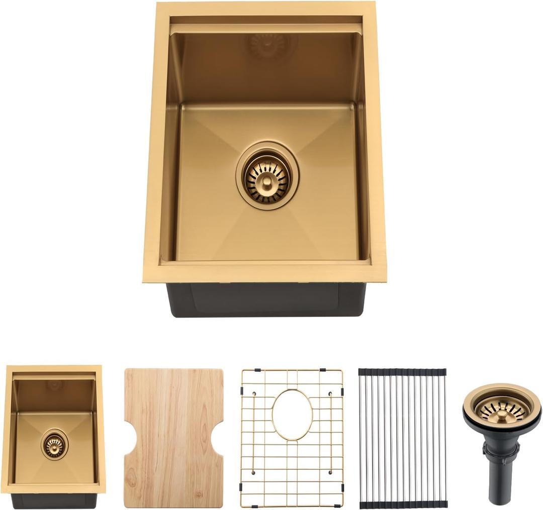 13 Inch Undermount Gold Bar Sink Workstation,13x18 Bar Sink Undermount Gold Stainless Steel Small Kitchen Sinks 18 Gauge Single Bowl Kitchen Wet Bar Sinks with Accessories