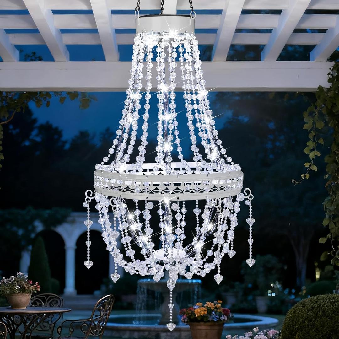 Hanging Solar Lantern Outdoor Chandelier Christmas Gifts for Women Waterproof Modern Crystal Acrylic Pendant Light with Cool White LED S Hook Garden Decor Light for Gazebo, Patio, Yard, Party, Wedding